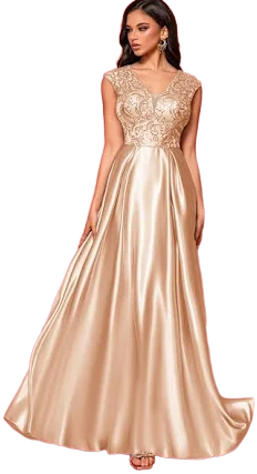 Women's Sleeveless Embroidered Lace Patchwork Satin Maxi Gown