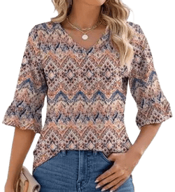 Women's Floral Print V-Neck 3/4 Ruffle Sleeve Tunic Blouse