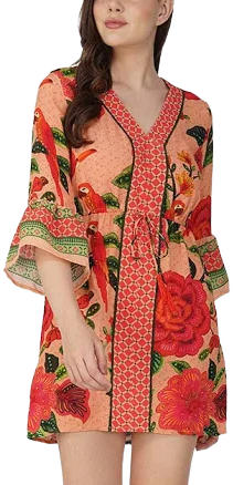 Tropical Bloom Bell Sleeve Tunic Dress
