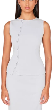 Asymmetric Ribbed Button Up Vest Top