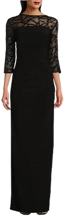 Brianna Women's Stretch Sequin Lace Mesh Mother of the Bride Dress with Illusion Sleeve