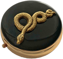 Antique Gold Serpent Pill Case Inlaid in Hand Painted Black Enamel Vintage Style Snake with Personalize and Color Options