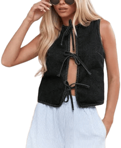 MISSGUIDEDTie Front Button Up Sleeveless Vest Women Denim Tops