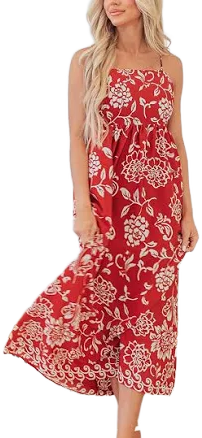Zapaka Women's Floral A-Line Spaghetti Strap Tea Length Dress
