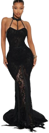 Fashion Nova Scarlett Embellished Lace High Neck Gown
