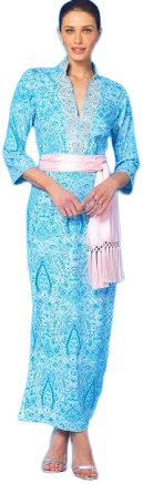 NICOBLU Noor Long Tunic Dress in Turquoise Paisley and Silver Embellishment