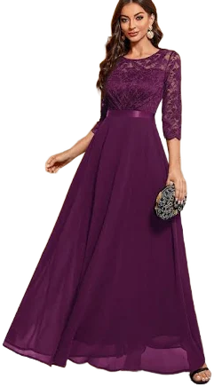 Floral Lace Round Neck Chiffon Evening Gown