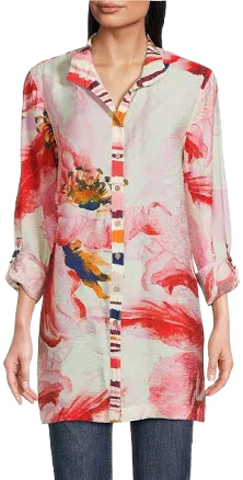 John Mark Women's Floral Print Long Roll-Tab Sleeve Tunic