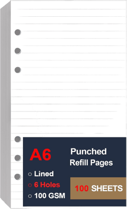 A6 Lined Paper Refill 6 Ring, A6 Filler Paper for Filofax Personal Binder Planner, 100gsm Ruled Pages, 6 Hole Punched, 100 Sheets/200 Pages, 3.75 x 6.75 Inch A6 6Hole 100Sheets White