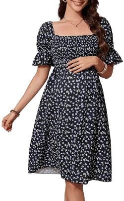 Floral Square Neck Puff Sleeve Smocked Maternity Dress