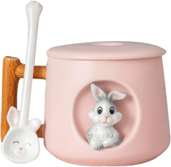 DIHOclub Adorable 3D Ceramic Rabbit Mug with Lid and Spoon Perfect for Coffee, Tea, Milk, and More - Ideal Gift for Bunny Lovers - 14 Ounces (Pink)