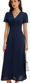 Rihoas Vintage-Style V-Neck A-Line Puff Sleeve Midi Dress
