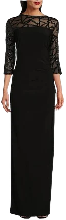 Brianna Women's Stretch Sequin Lace Mesh Mother of the Bride Dress with Illusion Sleeve