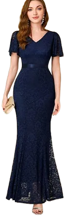 V-Neck Ruffle Sleeve Lace Mermaid Hem Maxi Dress