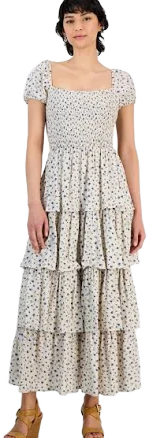 and Now This Women's Petite Printed Smocked Ruffle-Hem Maxi Dress