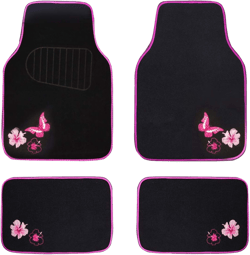 CAR PASS Embroidery Butterfly and Flower Car Floor Mats, Pink Car Floor Mats Universal Fit 95% Automotive,SUVS,Sedan,Vans,for Cute Women,Girly,Set of 4 (Black with Pink) Pink Butterfly and Flower