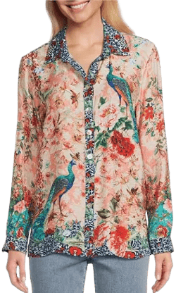 John Mark Women's Floral Point Collar Long Roll-Tab Sleeve Tunic