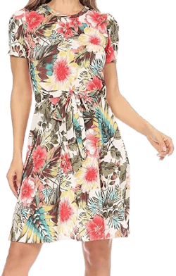 Moa Collection Women's Floral Print Belted Round Neckline Tunic Dress