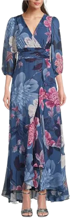 Moda Tara Women's Floral Chiffon Maxi Dress with 34 Sleeves