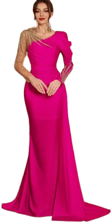 Women's Lace Patchwork Long Sleeve V-Neck Evening Dress with Train