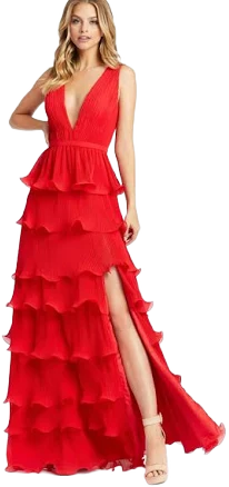 Ieena for Mac Duggal Women's Sleeveless Ruffle Tiered V-