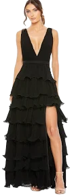 Ieena for Mac Duggal Women's Sleeveless Ruffle Tiered V-