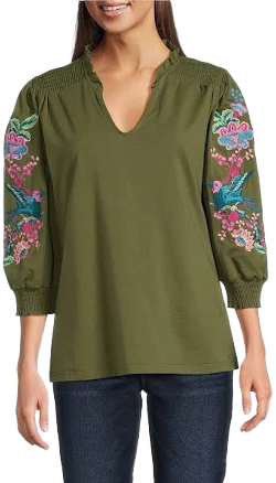 Calessa Women's Embroidered Split V-Neck Bracelet Balloon Sleeve Blouse