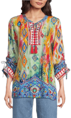 John Mark Embroidered Tunic Womens with Tassel Tie Front