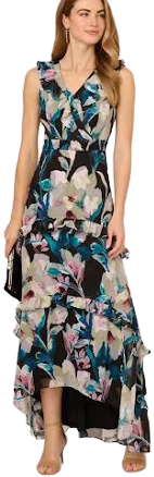 Adrianna Papell Women's Floral Print Ruffle Chiffon