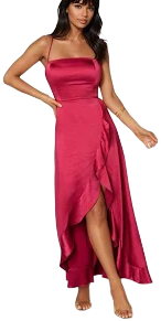 Bebe Women's Satin Ruffle Maxi Dress with Lace Up Back