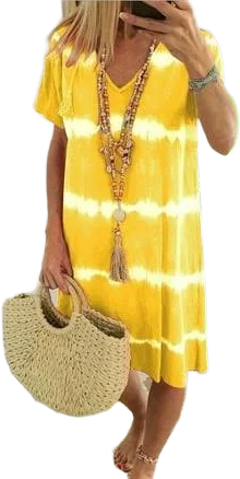 Women's Casual V-Neck Loose Short Sleeve Stripe Print Tunic Dress