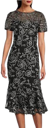 R M Richards Women's Floral Braid Embroidered Chiffon Midi Dress with Ruffle Top