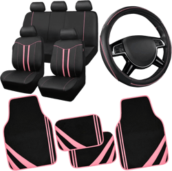 CAR PASS Car Seat Covers Full Set for Women Girls with Waterproof Car Floor Mats,Anti-Slip Leather Steering Wheel Cover,Universal Fit for SUVs,Vans,Trucks,Sedans,Cars (Combo Set,Black & Pink)