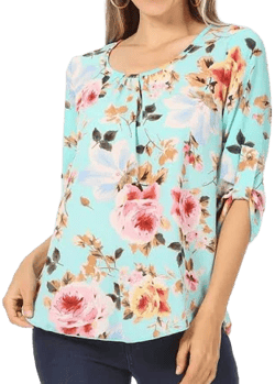 Moa Collection Women's Floral Print Round Neck Roll Tab Sleeve Tunic