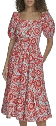 Falling Flowers Women's Cotton Square Neck Puff Sleeve Flounce Tiered Midi Dress