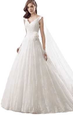 Dorris Wedding V-Neck A-Line Floral Wedding Dress with Cap Sleeves and V Back