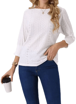 Women's Batwing 3/4 Sleeve Casual Eyelet Crewneck Tunic