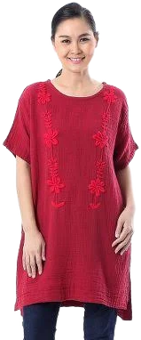 Crimson Bloom Floral Cotton Tunic from Thailand