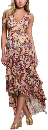 GUESS Women's Leisha Ruffled High-Low Chiffon Maxi Dress