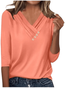 Deholifer Women's Tops 3/4 Sleeve V-Neck Button Solid Color Dressy Lightweight Comfy Tunic Tops