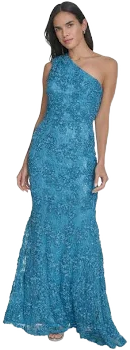 Jessica Howard Women's Petite One-Shoulder Sequin Lace Gown