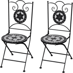Folding Bistro Chairs 2 pcs Ceramic Black and White,Mosaic Patio Chairs | Decorative Outdoor Seating | Set of 2 Patio Furniture, Outdoor Chairs Multicolour