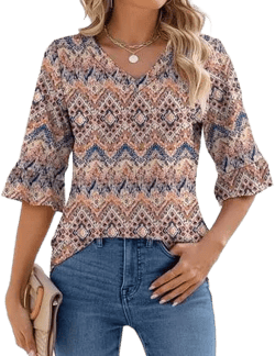 Women's Floral Print V-Neck 3/4 Ruffle Sleeve Tunic Blouse