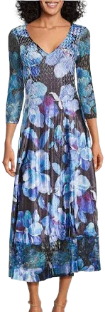Komarov Women's Lace Sleeve Charmeuse & Chiffon A-Line Midi Dress