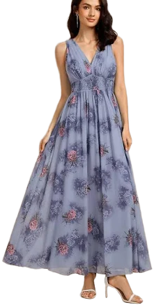 Ever-Pretty Sleeveless Double V Neck Floral Maxi Dress