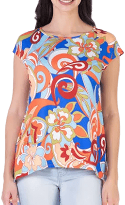 24Seven Comfort Apparel Women's Floral Short Sleeve High Low Tunic Top