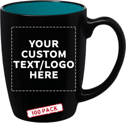 DISCOUNT PROMOS 100 Java Two Tone Coffee Mugs Set, 12 oz. - Customizable Text, Logo - Stoneware, Durable, Easy Grip - BLACKTEAL - Custom - Black Teal 100 mugs