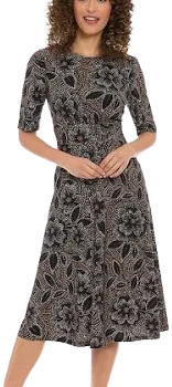 London Times Women's Floral Short Sleeve Midi A-Line Dress