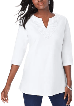 Jessica London Women's Plus Size Stretch Cotton Crochet Notch Neck Tunic