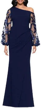 Betsy & Adam Women's One Shoulder Lace-Sleeve Gown